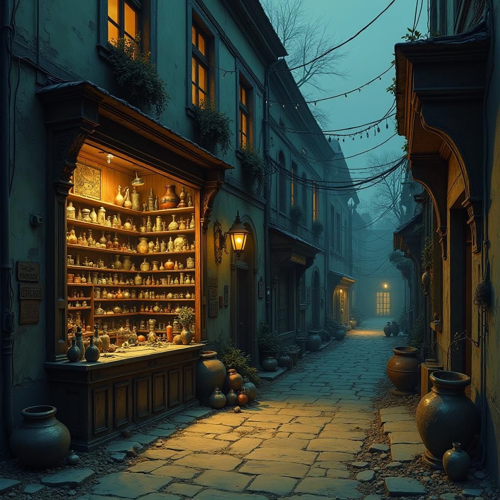 Mystical Pawn Shop in Old Town at Dusk