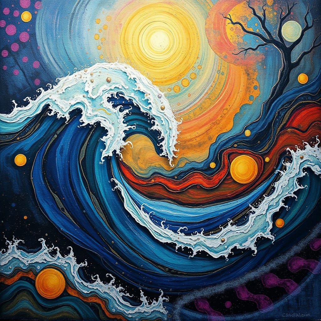 Abstract Ocean Waves in Batik Expressionist Style