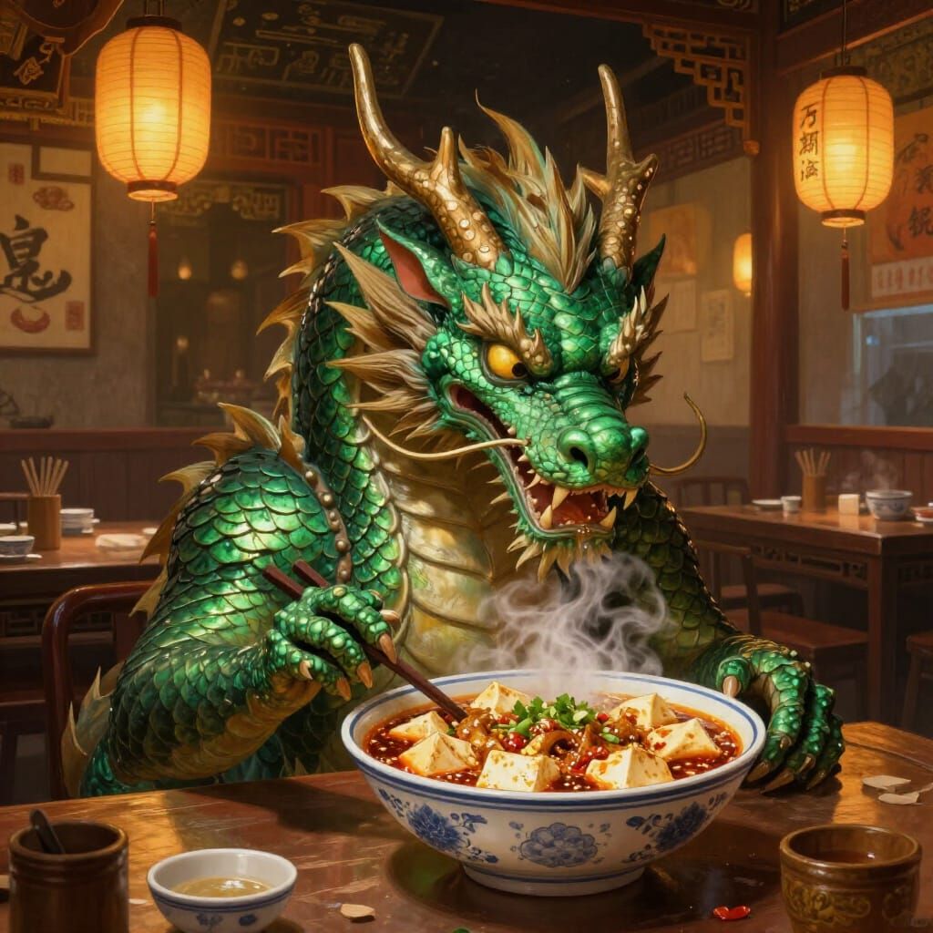 Dragon Enjoys Mapo Tofu in Atmospheric Restaurant