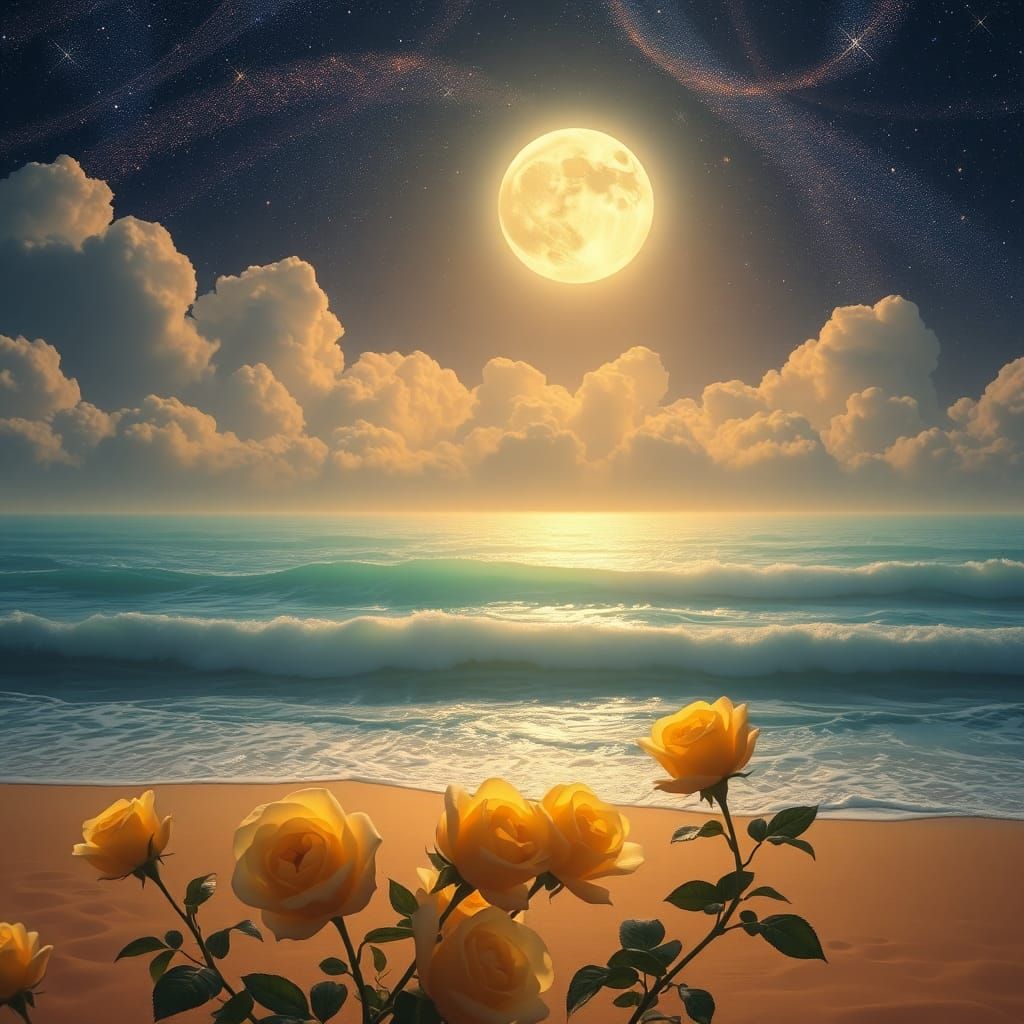Magical Beachscape: Moonlit Ocean with Roses and Galaxy