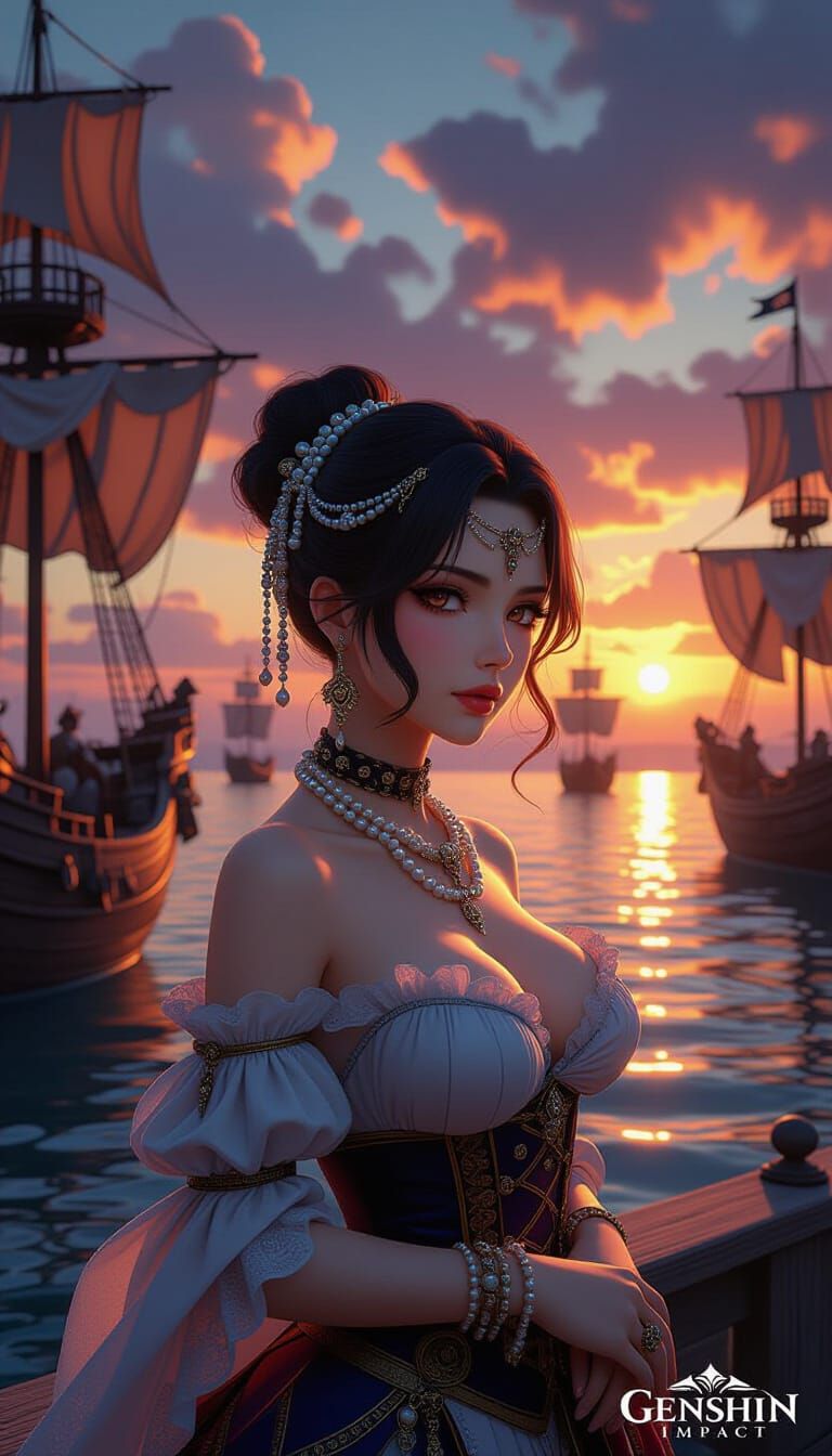 Pirate Harbor Sunset in Anime Style
