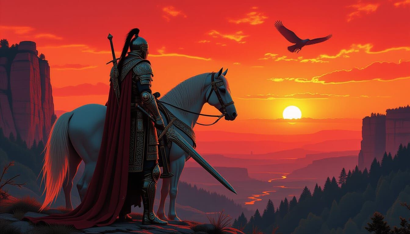 Futuristic Syrian King and Horse Soaring at Sunrise