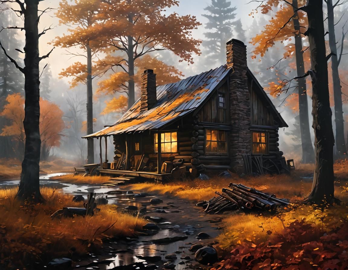 Wasteland Scavenger in Autumnal Forest, Oil Painting