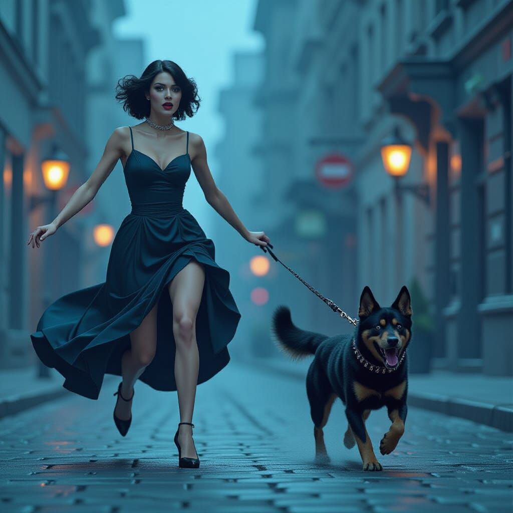 Panicked Mannequin Flees Rabid Dog in Gothic Neon Style