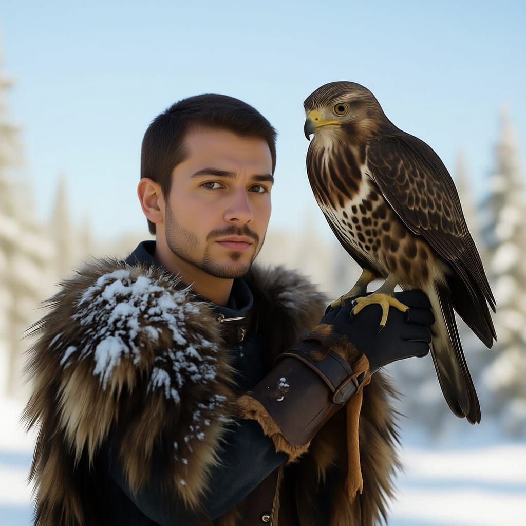 Teenage Viking Boy with Hawk in Snowy Forest