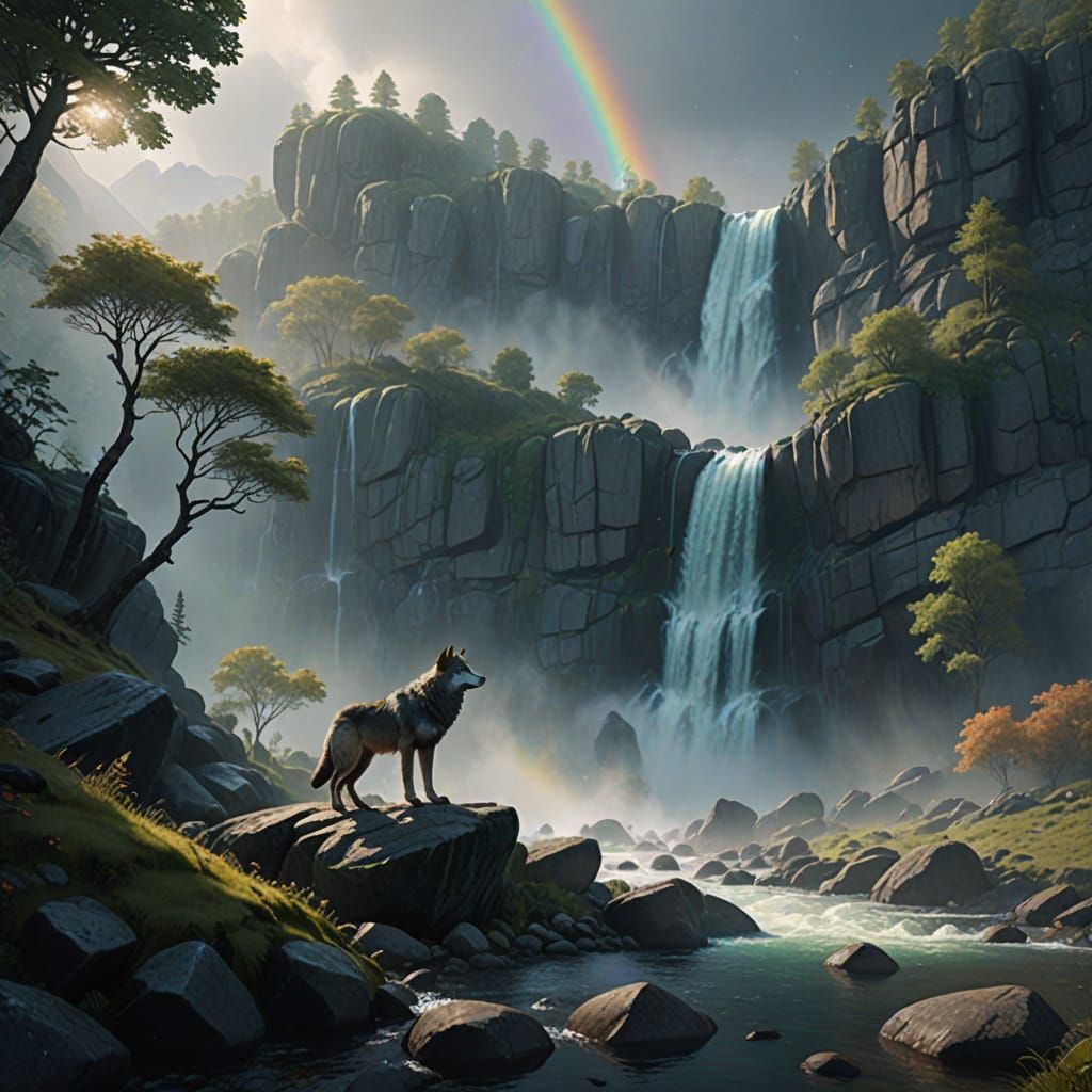 Majestic Wolf in Misty Waterfall Paradise