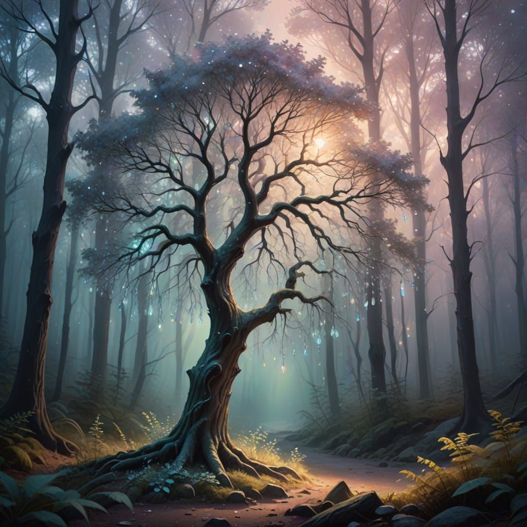 Enchanted Crystal Tree in a Misty Forest