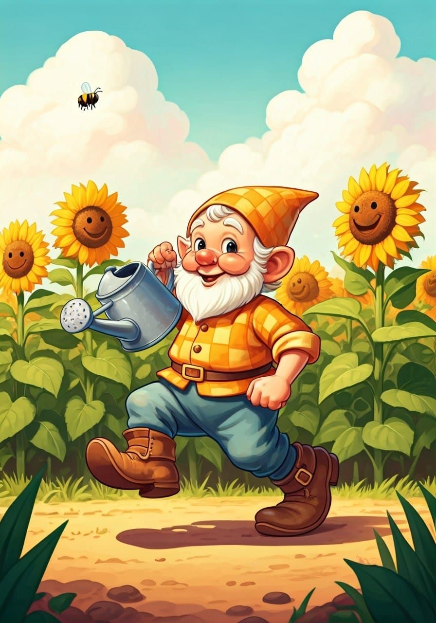 Cheerful Gnome in Sunflower Field