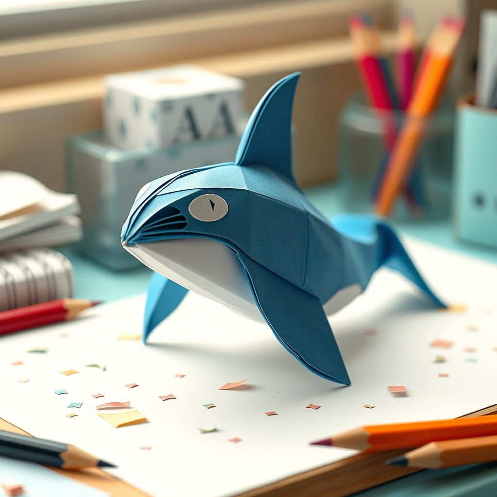 Whimsical Origami Orca on Minimalist Desk