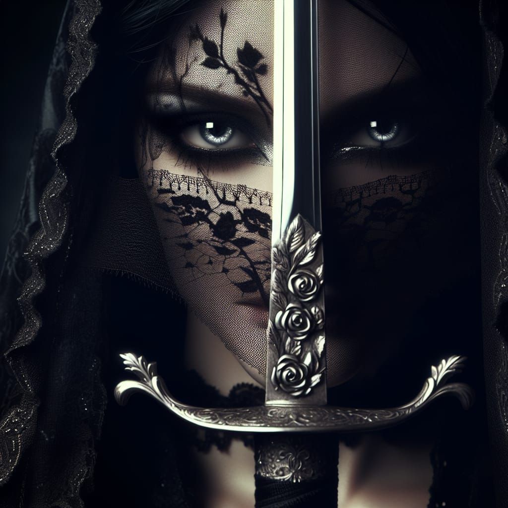 Ethereal Swordswoman in Lace Veil