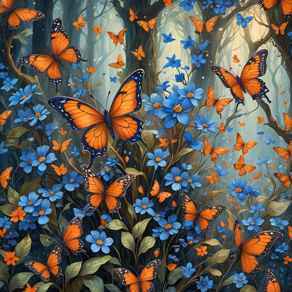 Blue Flowers and Orange Butterflies in Mystical Forest