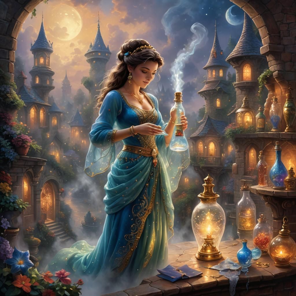 Ethereal Genie Emerges from Bottle in Fantasy Scene