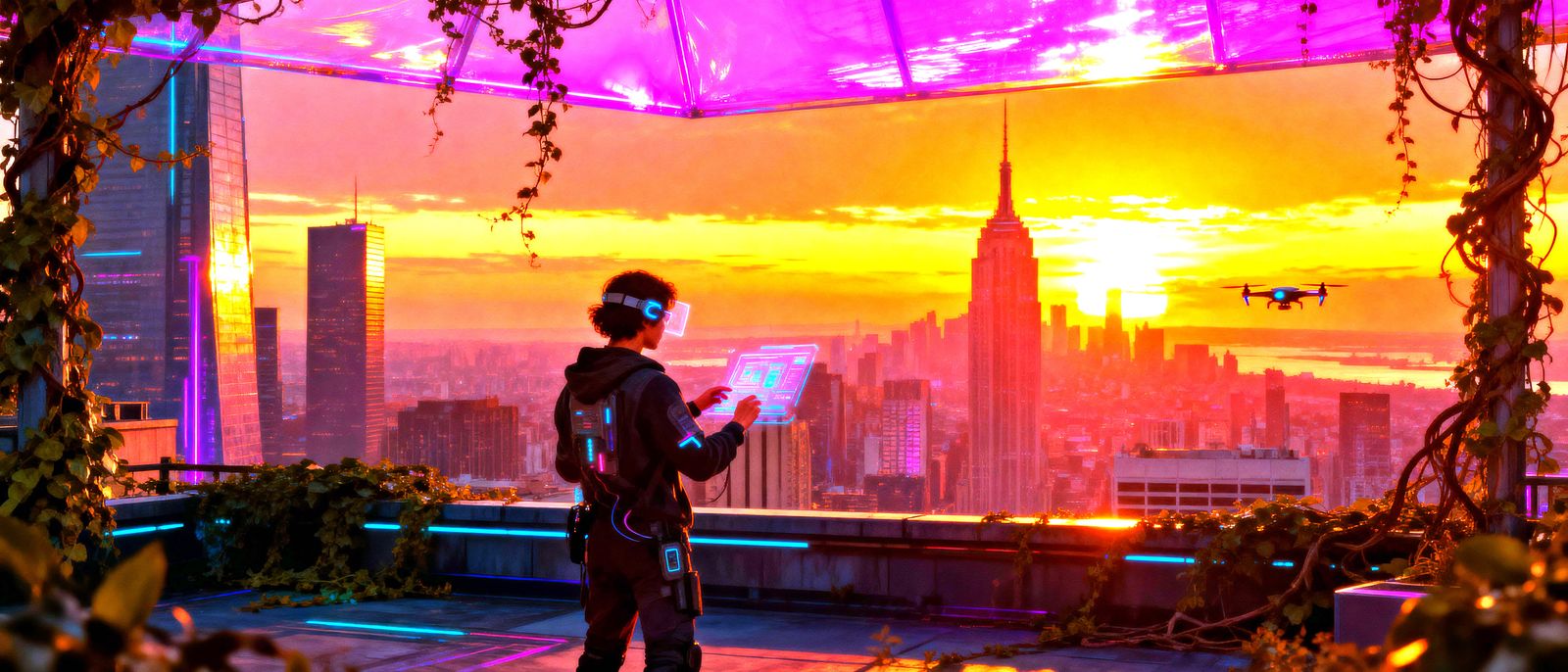 2085 Cityscape Sunset Over Atmospheric Shield