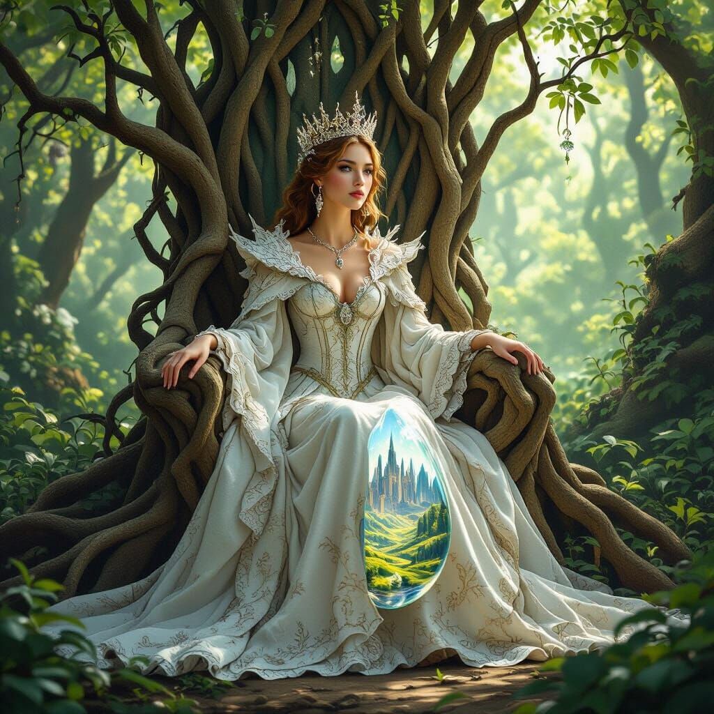 Regal Queen in Forest Clearing, Digital Painting