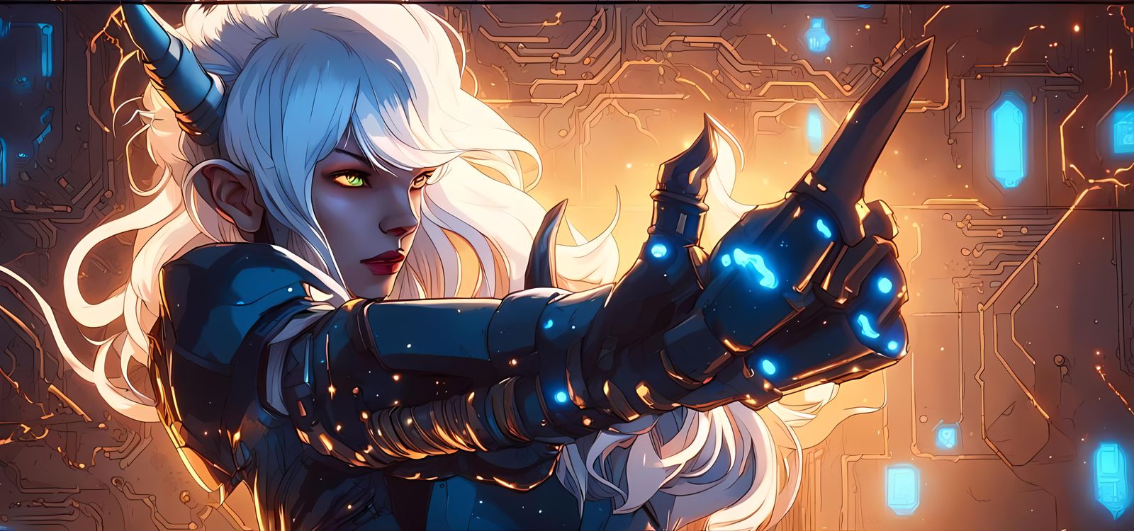 Albino Tiefling Witch Casting Cybernetic Spell in Anime Styl...