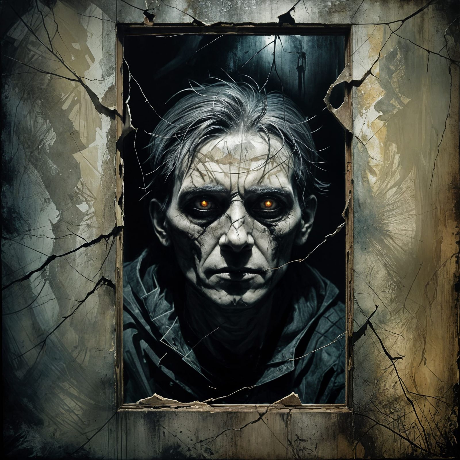 Dark Figure Peers Through a Cracked Window in a Haunting Oil...