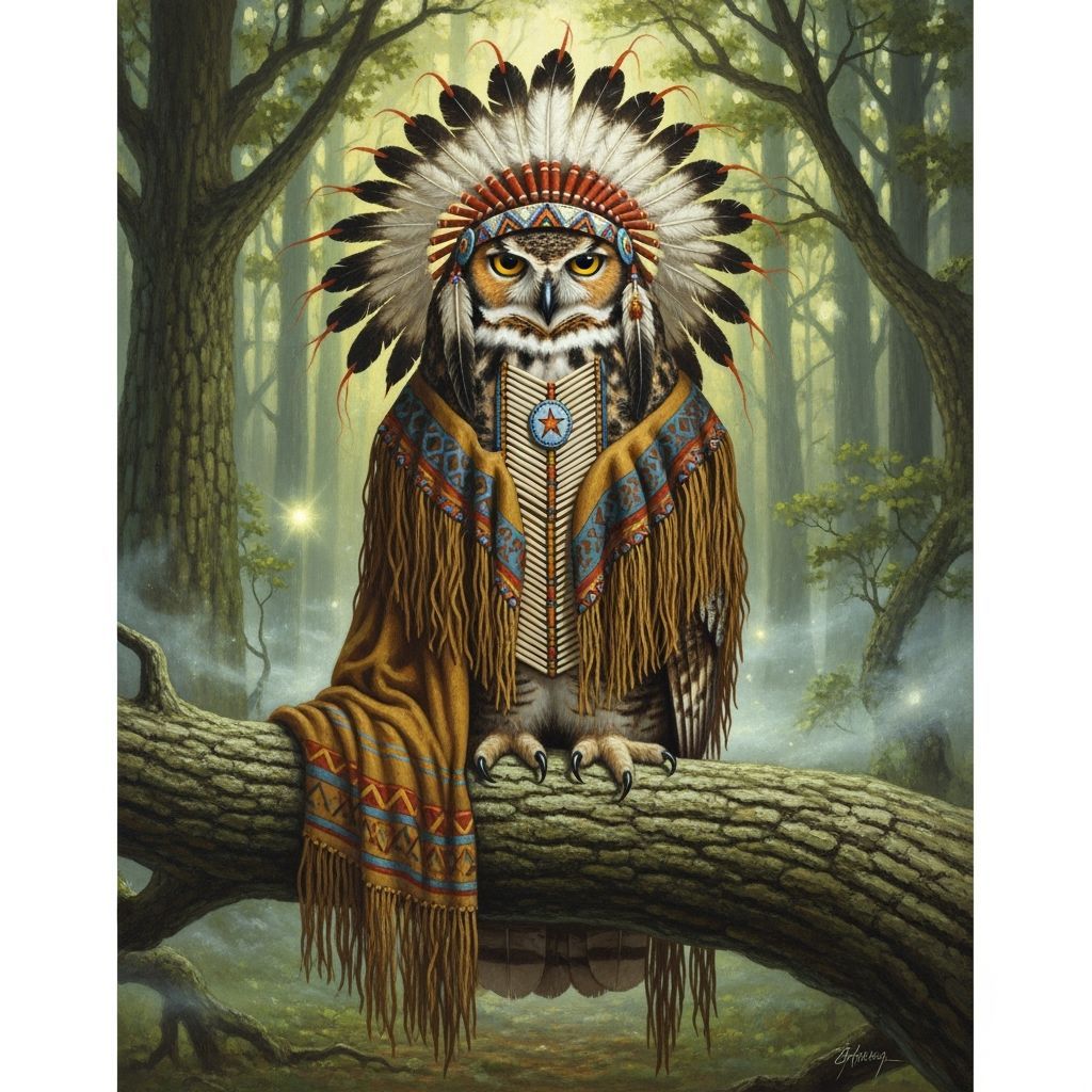 Native American Owl in Mystical Forest