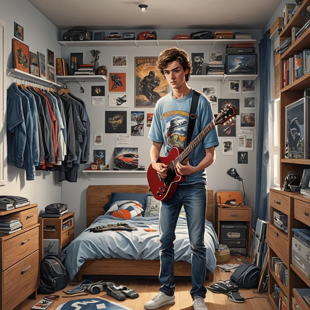 Teenage Boy's Bedroom with Guitar, Digital Illustration