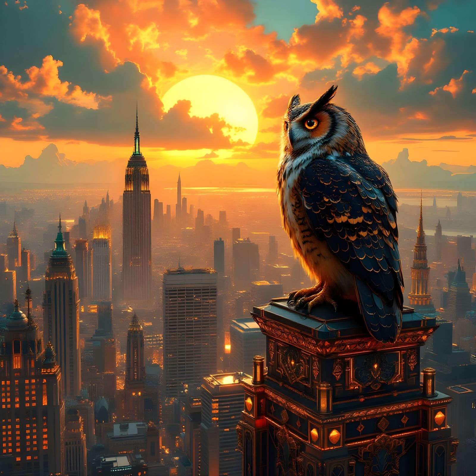 Regal Art Deco Owl Surveys Chrome-Gilded Cityscape