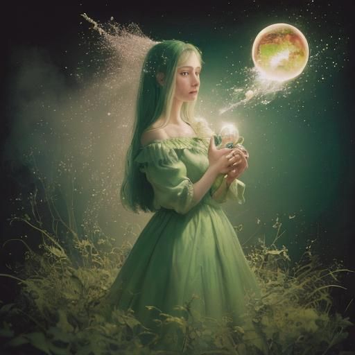 Surreal Cosmos: A Pensive Woman in Green