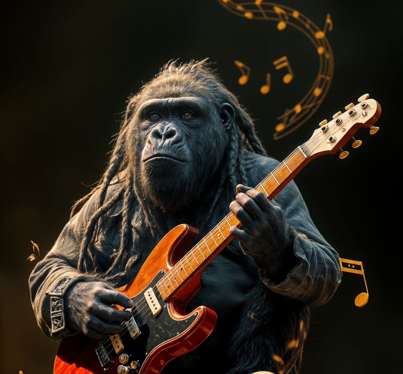 Gorilla with Dreadlocks Playing Guitar in HDR
