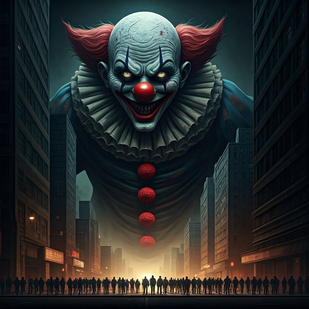 Nightmare Clown Monster Looms Over City in Dark Surrealism