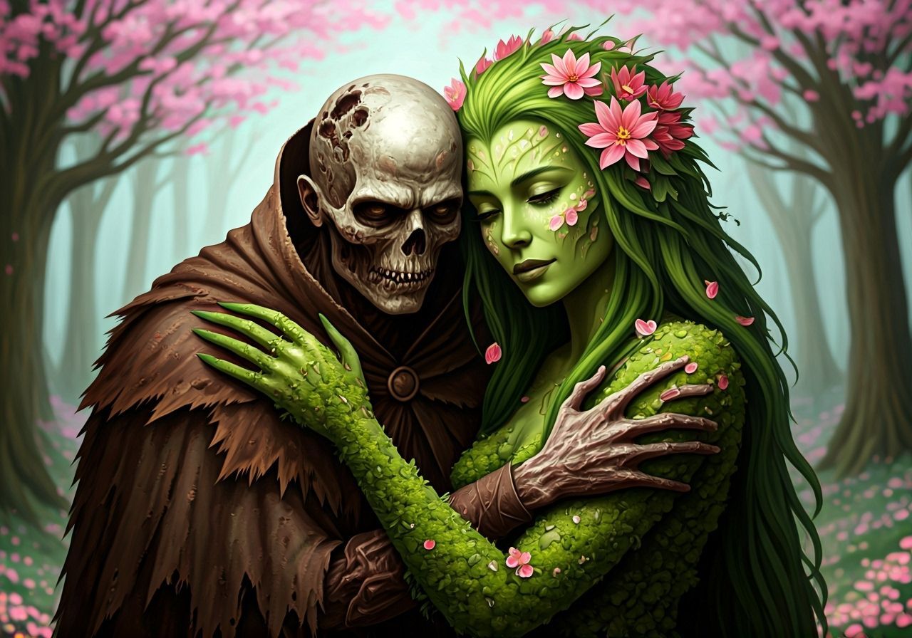 Undead and Dryad Embrace in Spring Forest