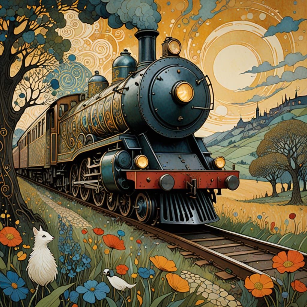 Whimsical Train Scene in Vibrant Art Nouveau Style