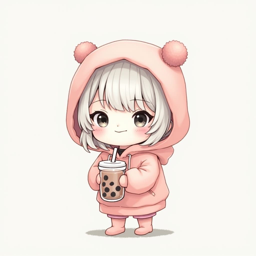 Chibi Girl with Boba Drink in Grayscale Style