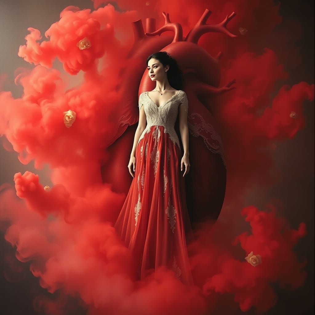 Elegant Woman Surrounded by Symbolic Heart