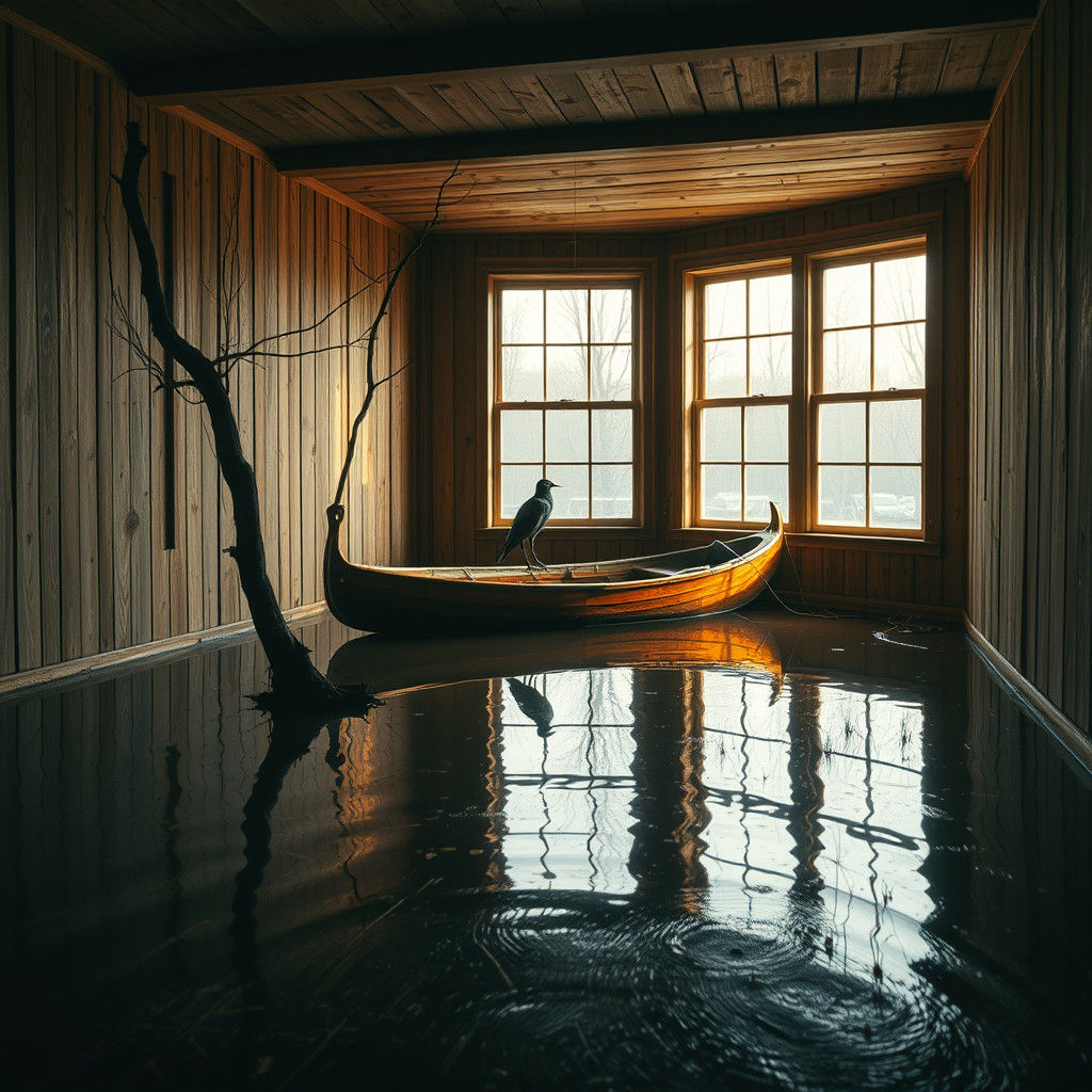 Maximalist Room with Nature Takeover and Boat