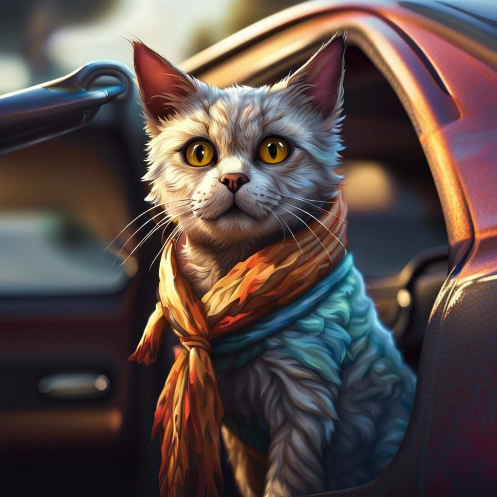 Hyperrealistic Cat Car Driven by Dog
