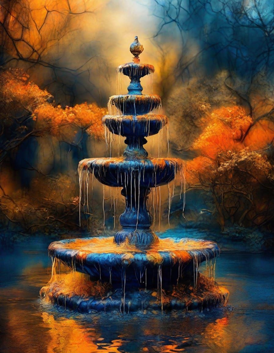 Surreal Garden Fountain in Alcohol Ink Style