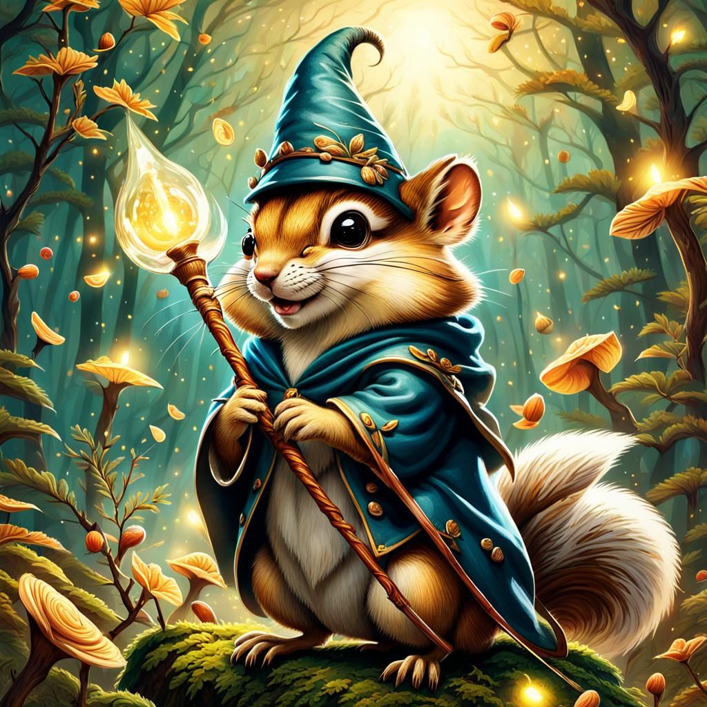 Chipmunk Wizard in Enchanted Forest Illustration