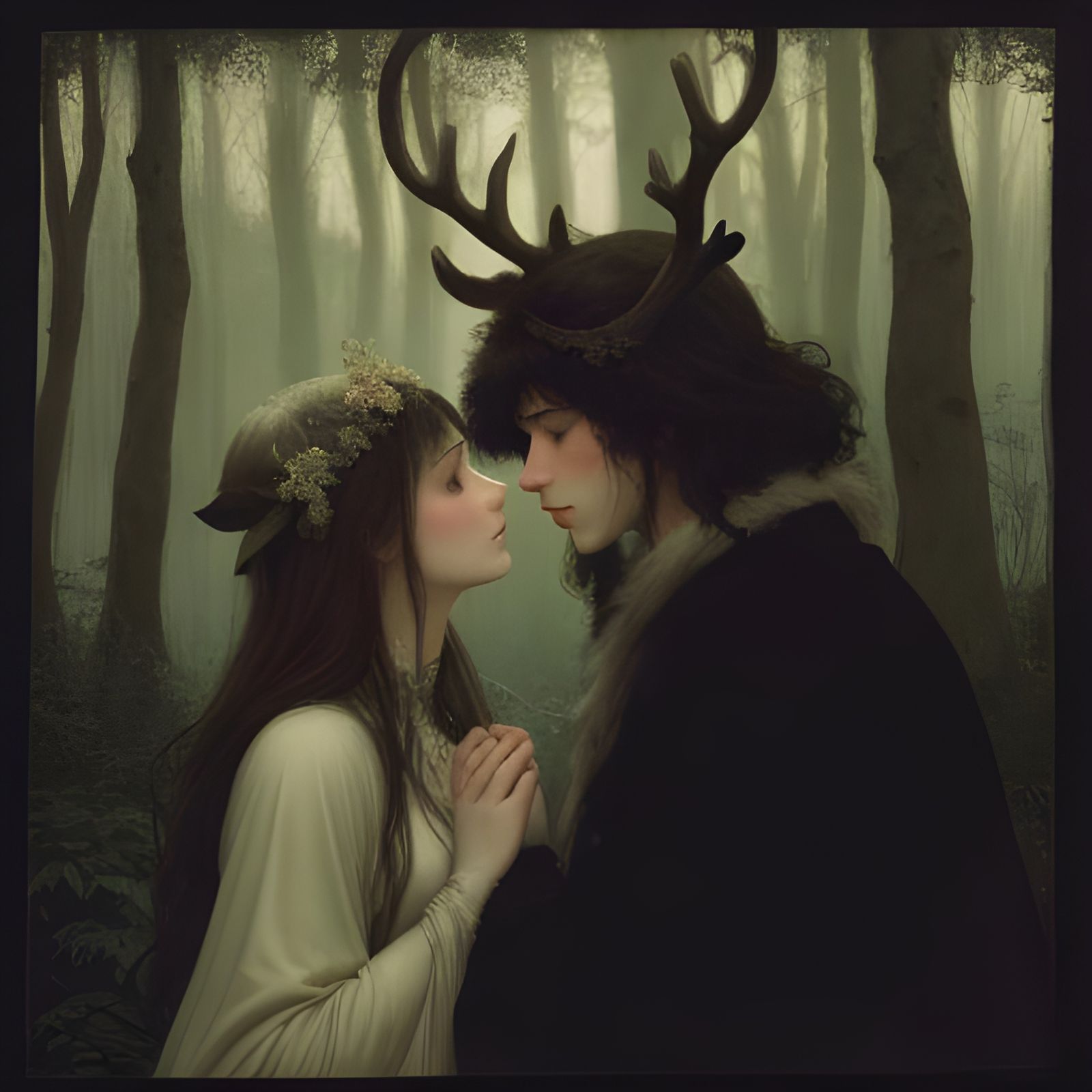 Girls Kissing in Forest Clearing, Cinematic Lighting