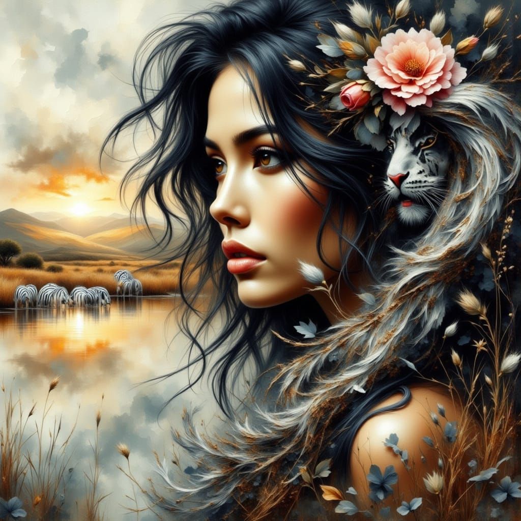 Woman and White Tigers in Double Exposure Impasto Style