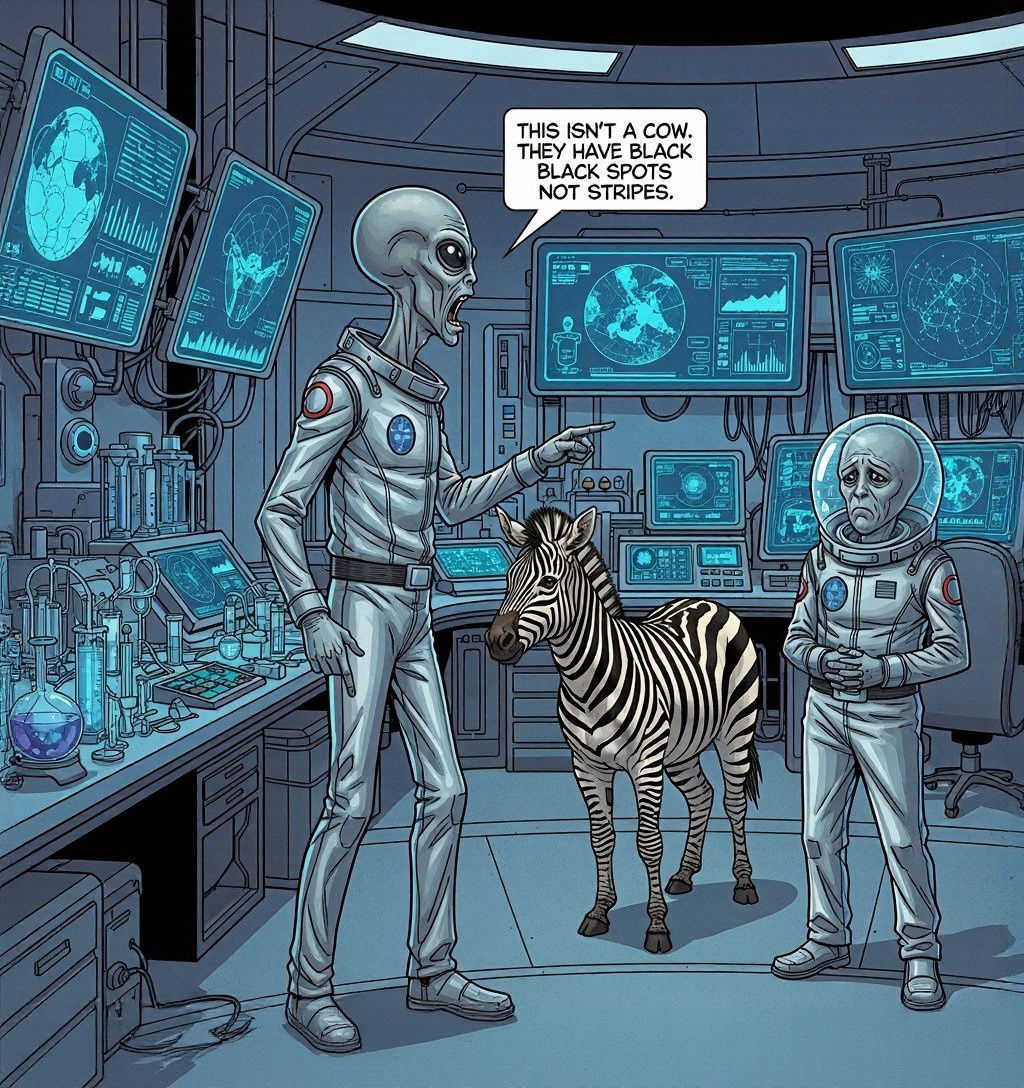 Grey Alien Shouts at Cow-Mistaken Zebra in UFO Lab