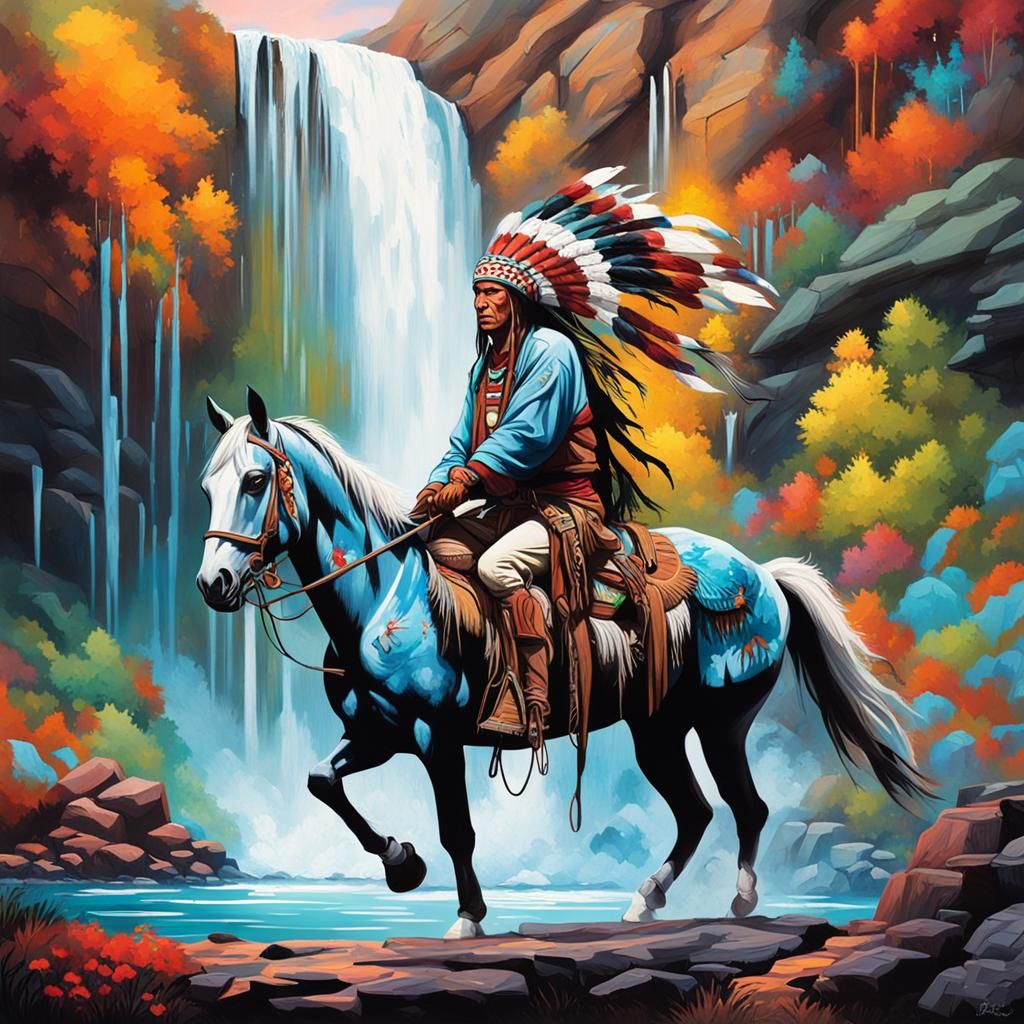 Native American on Horse in Graffiti Art Style