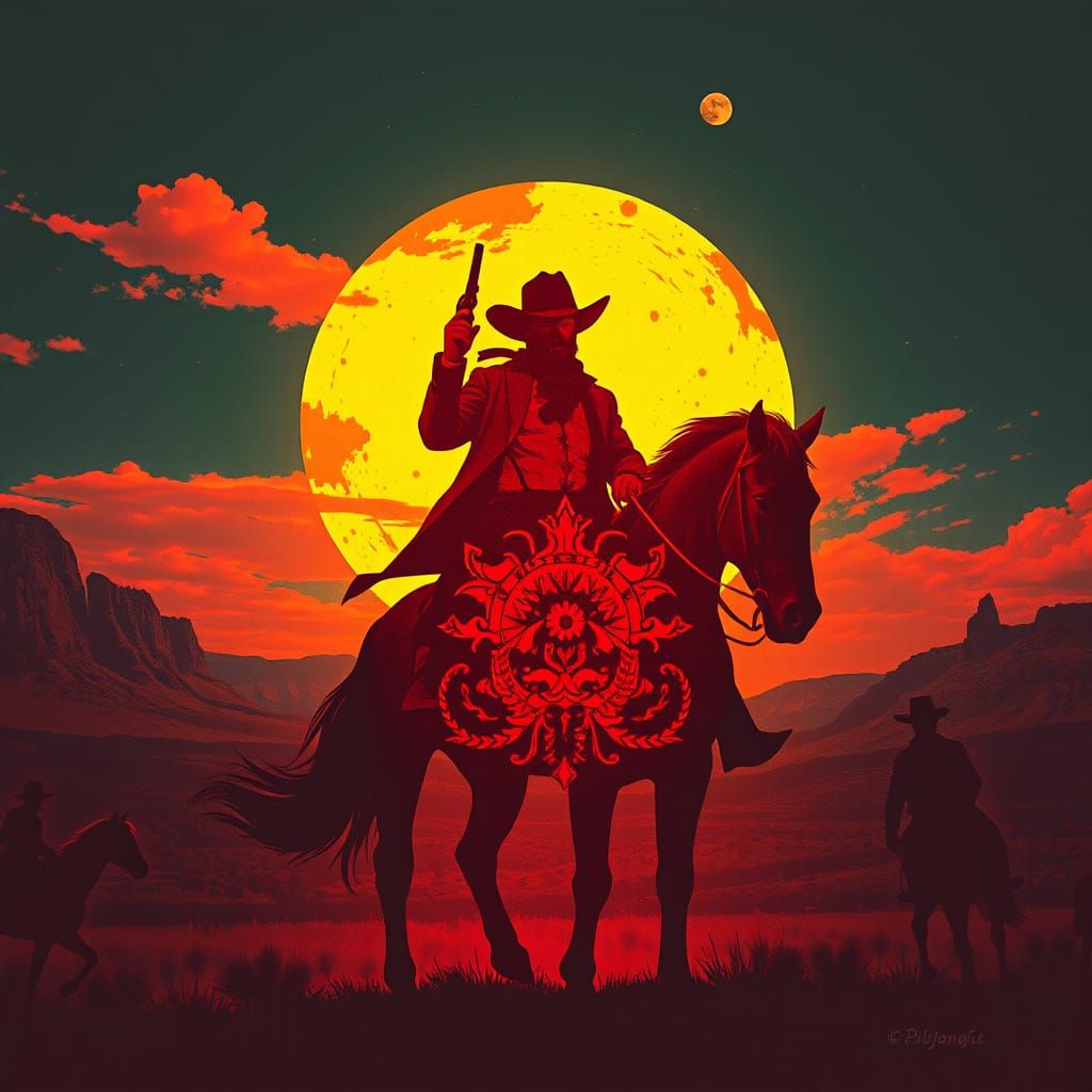 Psychedelic Cowboy Silhouette on Horseback