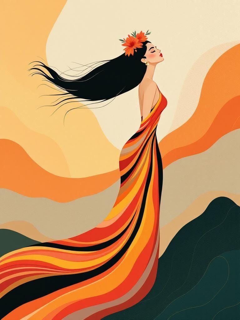 Stylized Woman with Floral Crown in Abstract Setting