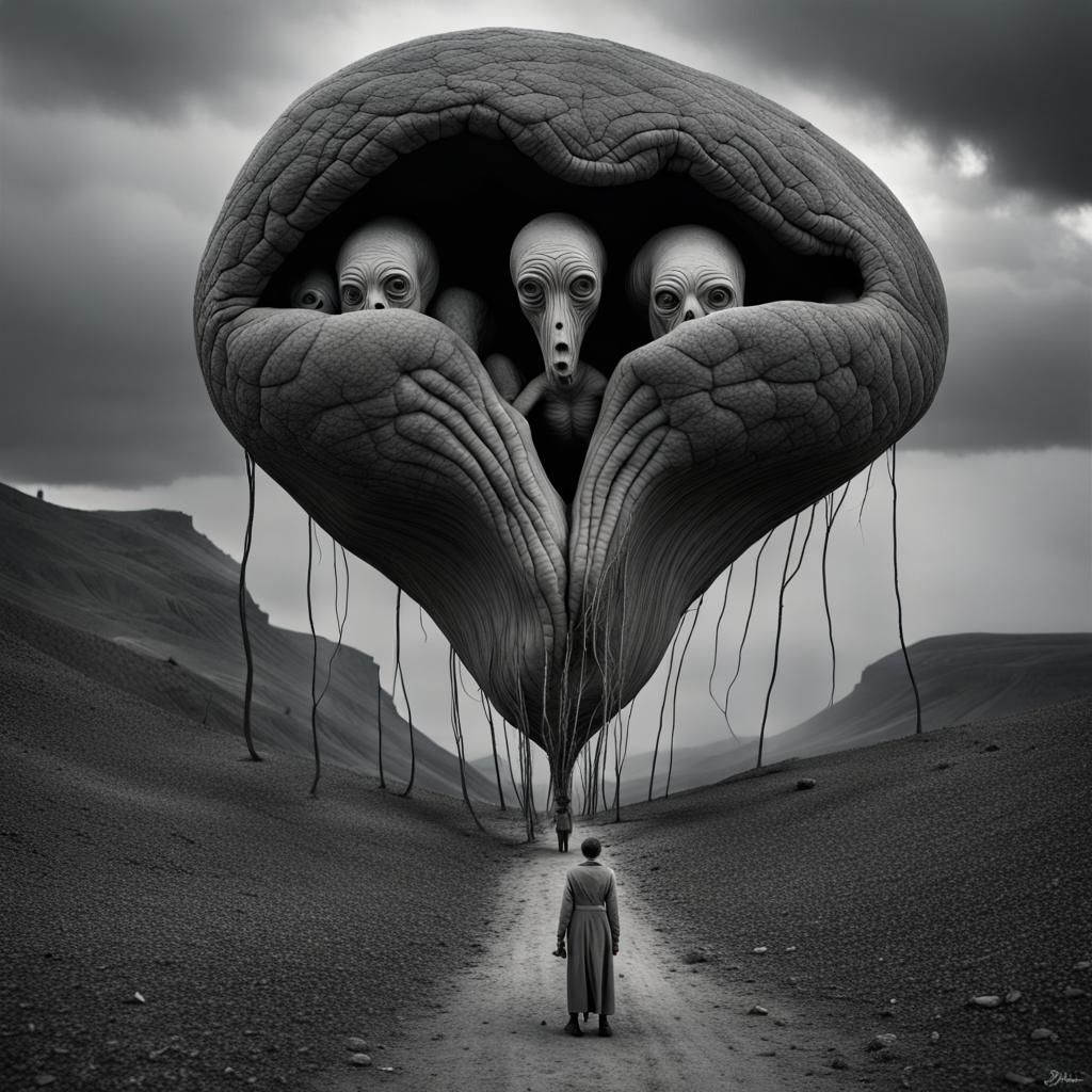 Surreal Horror Object in Ominous Landscape