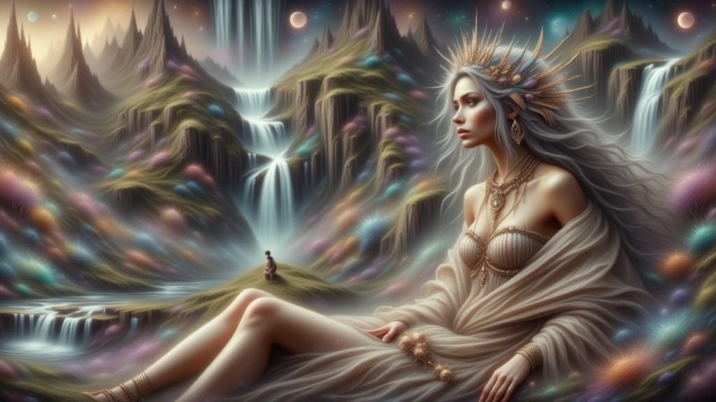 Ethereal Fantasy Landscape with Luminous Mountains