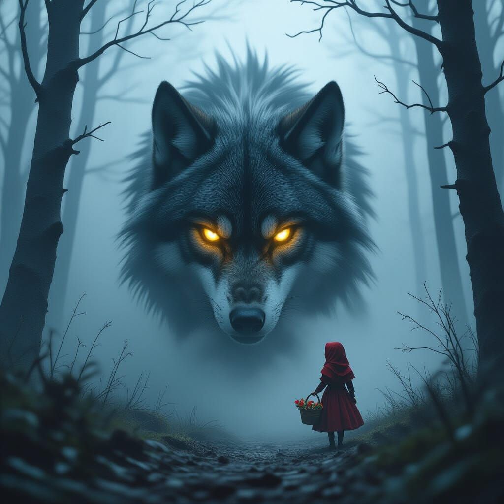 Demonic Eyes in Misty Forest Loom Over Red Riding Hood