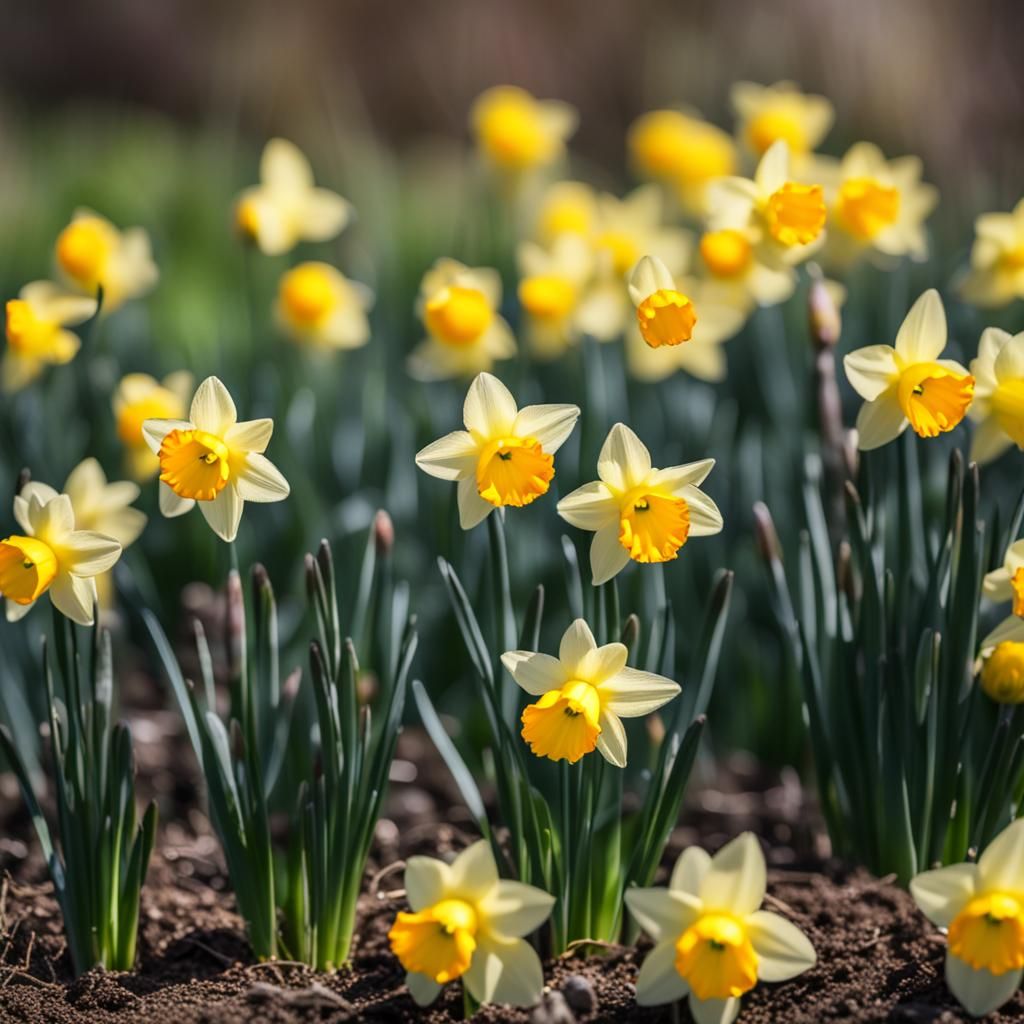 Yellow Daffodils Sprouting in Spring Garden