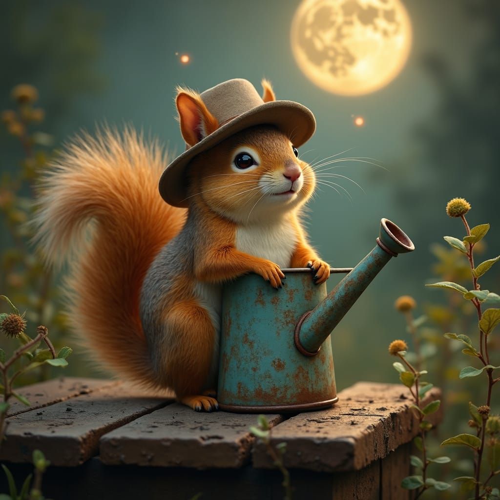 A bioluminescent Mischievous Squirrel in a  on a water can o...