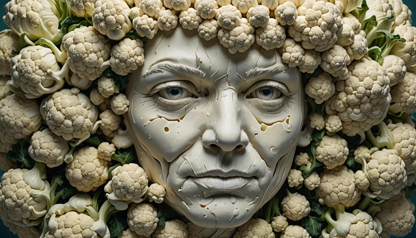 A face made entirely out of cauliflower.  Intricate detail.