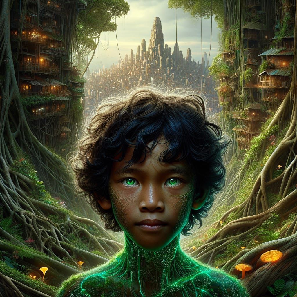 Luminous Forest City Carved from Living Wood