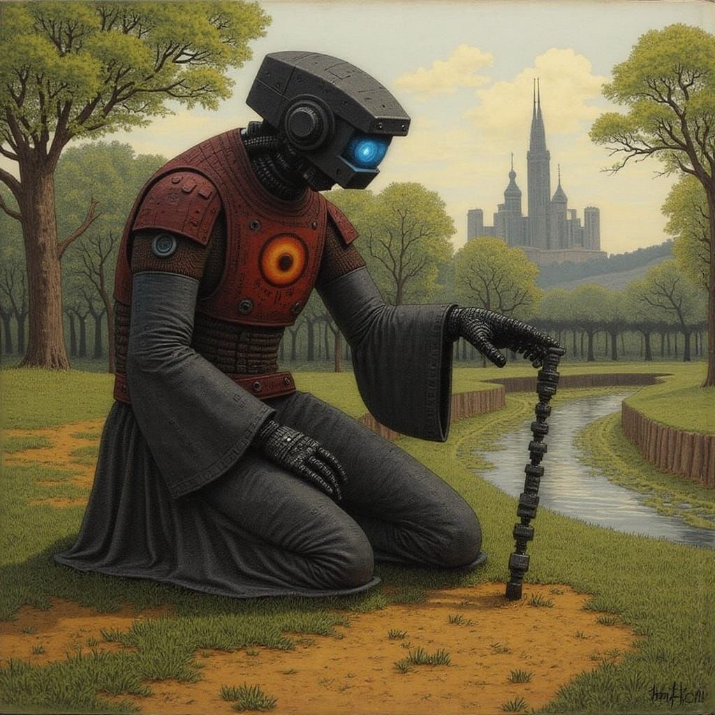 Cyberpunk Robot Monk in a Dreamlike Landscape