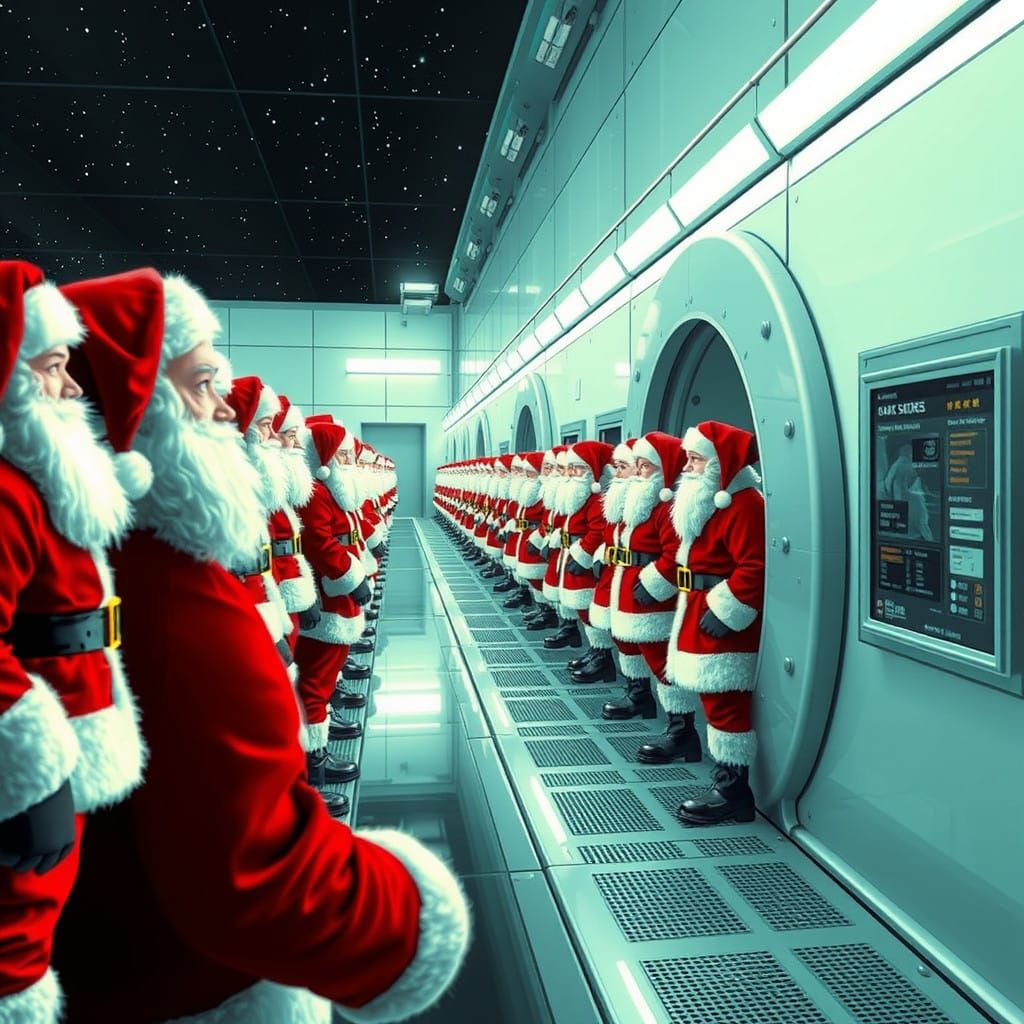 Santa Clauses Emerge from Futuristic Cloning Machine
