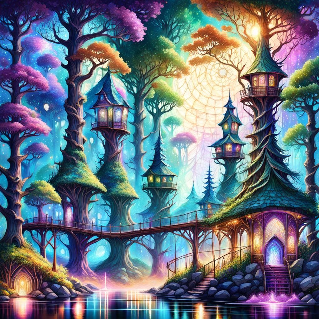Enchanted Forest Treehouses with Gemstone Architecture